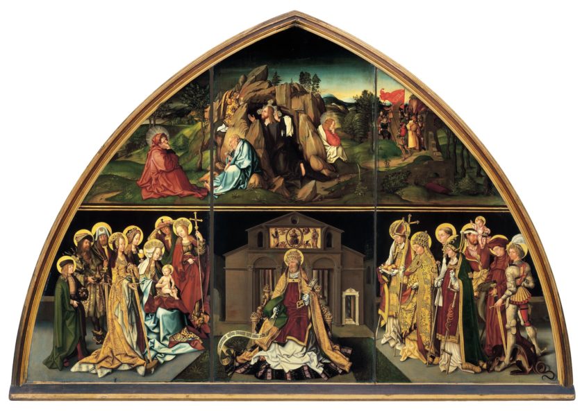 ハンス・ブルクマイヤー(父)《聖ペテロ聖堂壁画：聖ペテロと14救難聖人》1501年、258×115cm、アウグスブルグ州立美術館、アウグスブルグ